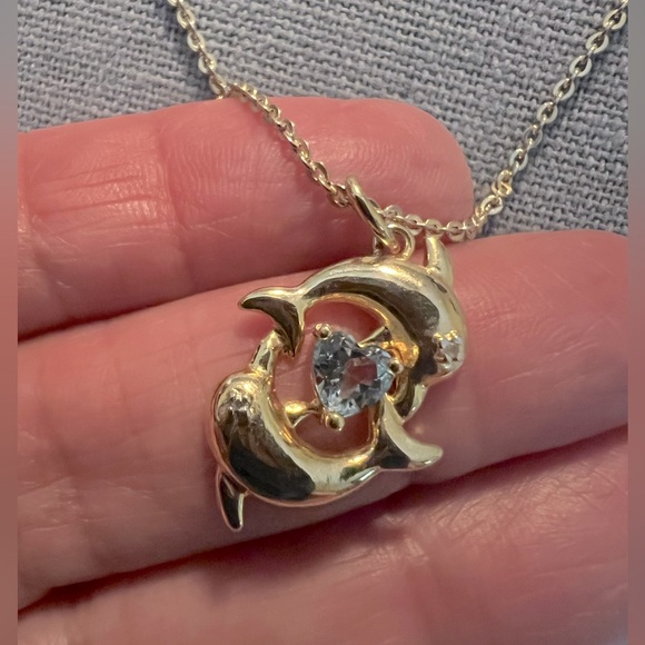 Rare Ross Simon’s Aquamarine n Genuine Diamond 14K GF .925 Dolphin Necklace - Picture 3 of 8